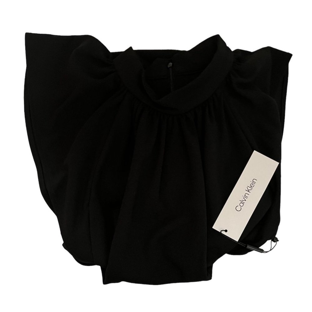 Calvin Klein Womens Black Short Flutter Sleeve Pleat Neck Shift Dress Sz 10 NWT - Picture 7 of 10